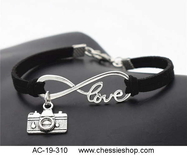 Bracelet, Black Leather Suede, Infinity design & Camera Charm - Click Image to Close