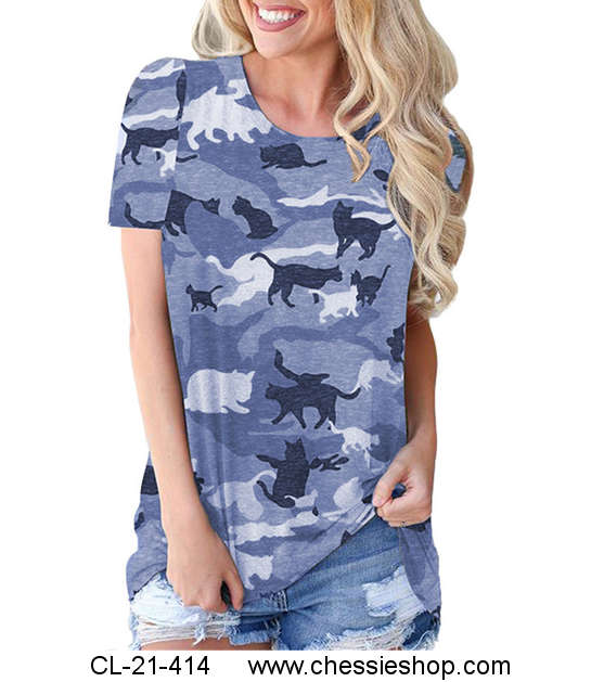 T-Shirt, Ladies Cat Prints, Blue - Click Image to Close