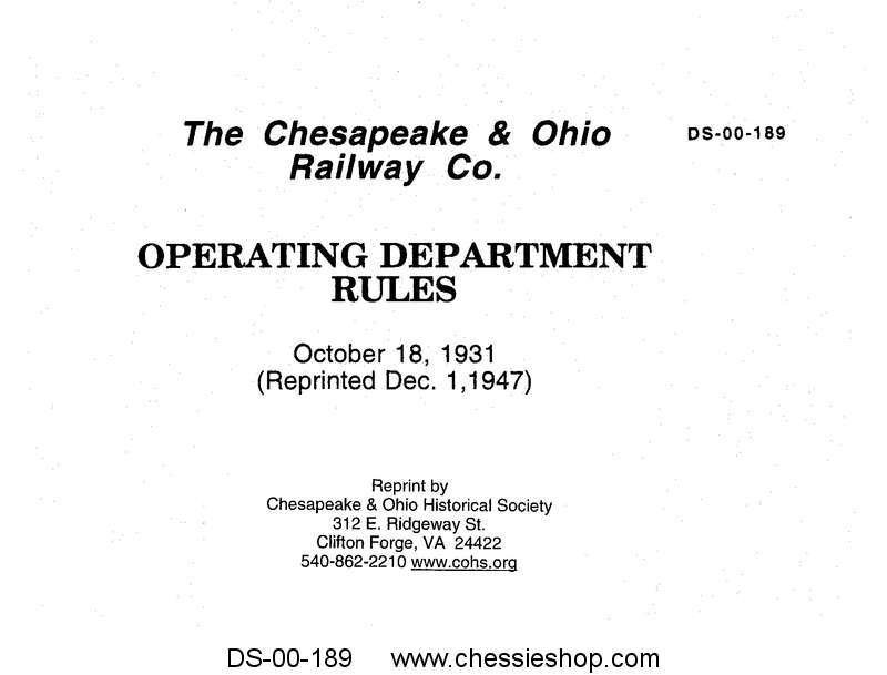 C&O Operating Department Rules Oct., 1931, Reprinted Dec., 1947