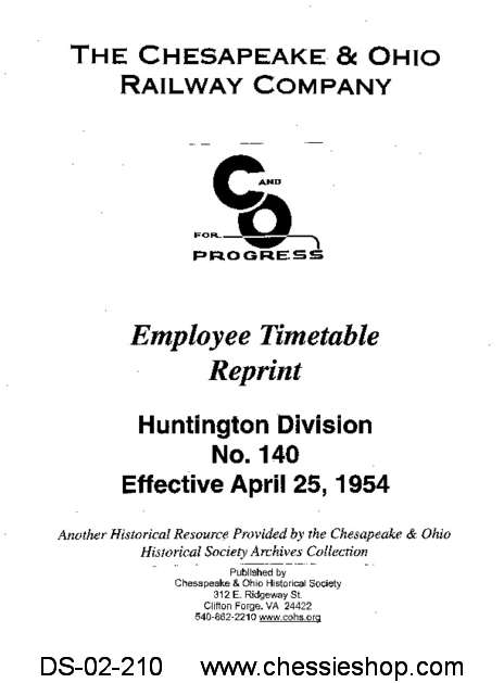 Employee Timetable, Huntington Division No. 140 (Apr. 1954) - Click Image to Close