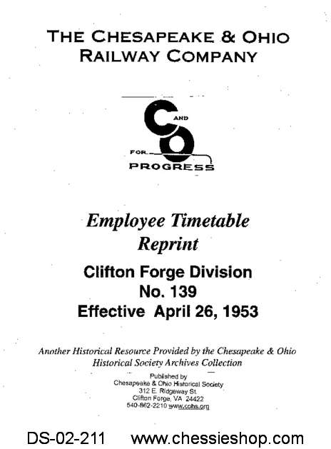 Employee Timetable, Clifton Forge Division No. 139 (Apr. 1953)