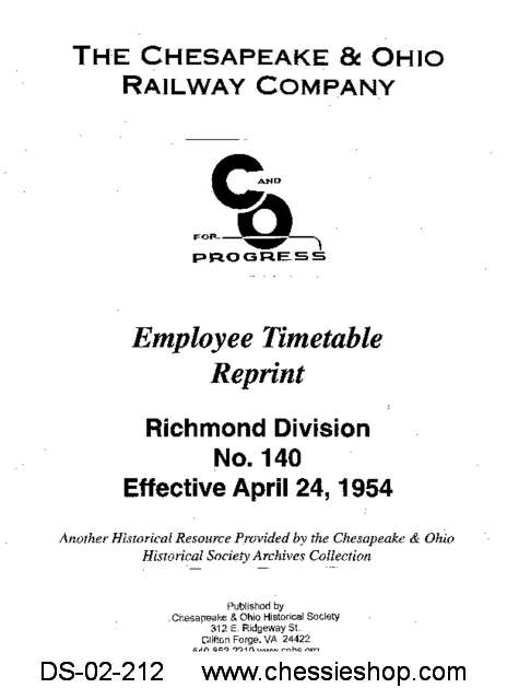 Employee Timetable, Richmond Division No. 140 (Apr. 1954) - Click Image to Close