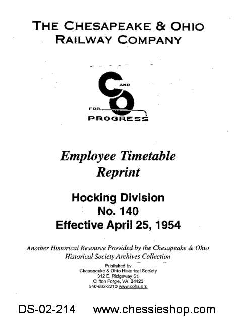 Employee Timetable, Hocking Division No. 140 (Apr. 1954) - Click Image to Close