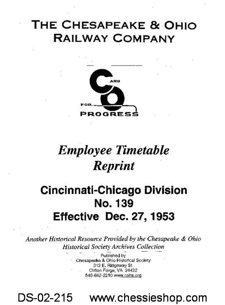 Employee Timetable, Cincinnati/Chicago Division No. 139