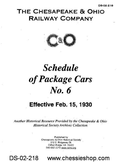 C&O Schedule of Package Cars No. 6 - 1930