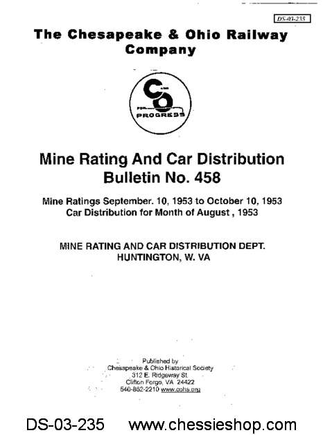 C&O Mine Rating and Car Distribution Bulletin No. 458