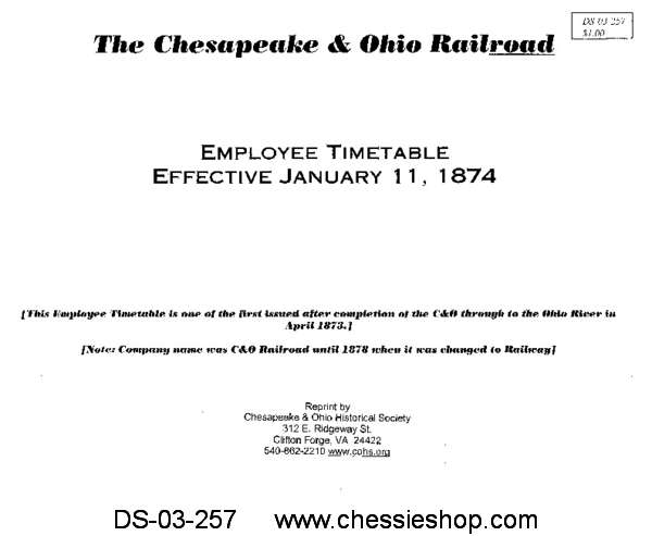 C&O Employee Timetable Effective 1874 - Click Image to Close