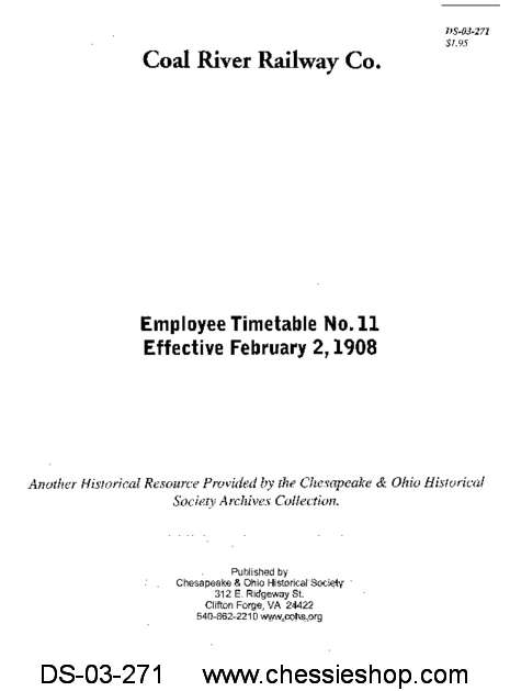 Coal River Railway Co.: Employee Timetable No. 11