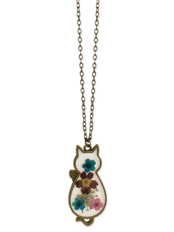 Necklace, Vintage Cat with Floral Dried Flowers