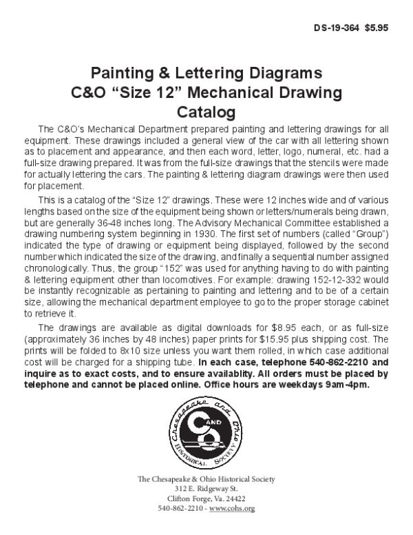 DS-19-364 C&O Painting & Lettering Diagrams "Size 12" Mechanical Drawings Catalog