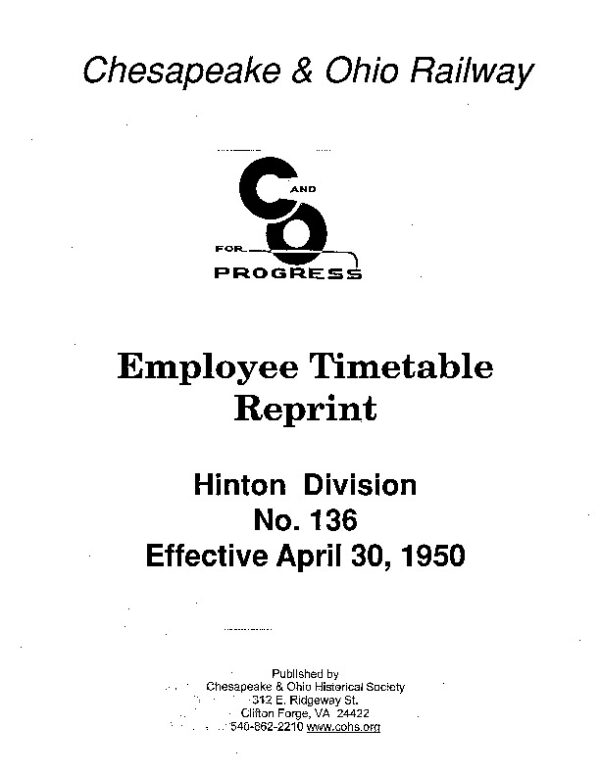 DS-8-119 Employee Timetable - Hinton No. 136 (Apr. 1950)